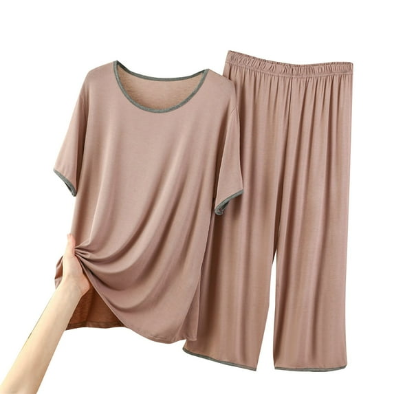 FUNUONY Women's Modal Pajamas Set Short Sleeve Top and Capri Pants Lightweight Sleepwear Comfy Pjs Lounge Set Round Neck Short Sleeved Home Wear Casual Pajama Set D Xl