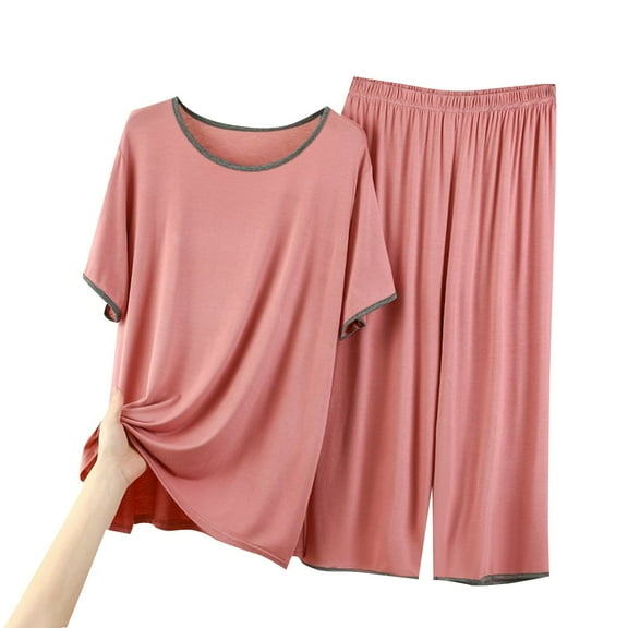 FUNUONY Women's Modal Pajamas Set Short Sleeve Top and Capri Pants Lightweight Sleepwear Comfy Pjs Lounge Set Round Neck Short Sleeved Home Wear Casual Pajama Set C Xl