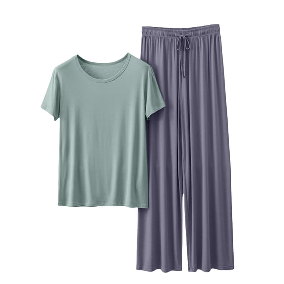 FUNUONY Women's Modal Pajamas Set Short Sleeve Top and Long Pants Lightweight Sleepwear Comfy Pjs Lounge Set Round Neck Thin Solid Color Long Sleeved Pajamas Casual Two Piece Set Dark Grey Xxl