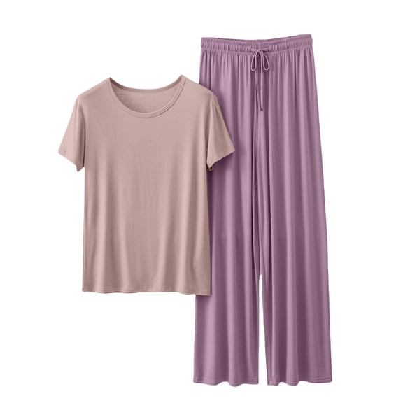 FUNUONY Women's Modal Pajamas Set Short Sleeve Top and Long Pants Lightweight Sleepwear Comfy Pjs Lounge Set Round Neck Thin Solid Color Long Sleeved Pajamas Casual Two Piece Set Purple Xl