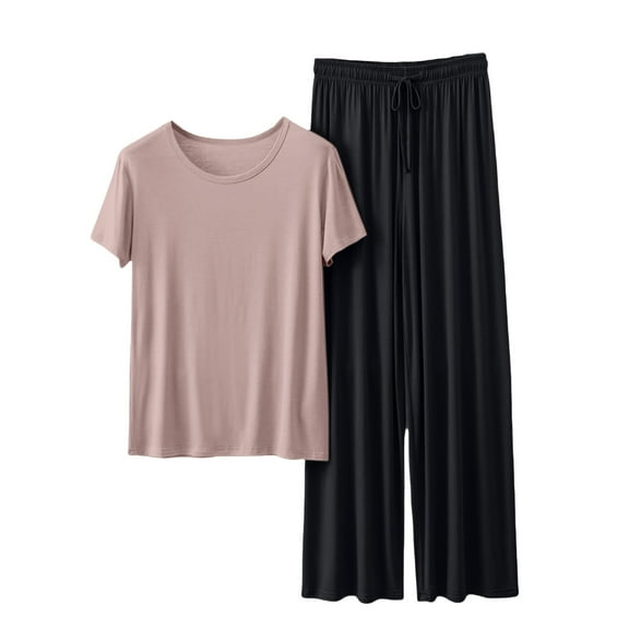 FUNUONY Women's Modal Pajamas Set Short Sleeve Top and Long Pants Lightweight Sleepwear Comfy Pjs Lounge Set Round Neck Thin Solid Color Long Sleeved Pajamas Casual Two Piece Set Black L