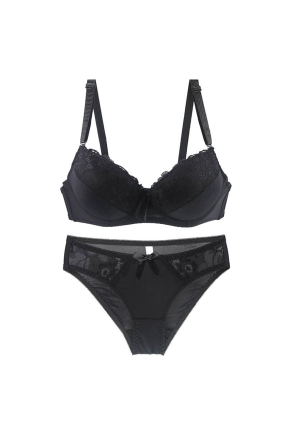 Women's Underwire Lace Bras Pu Sh Up Bra and Bikini Pan Ties Sets Push Up Bra and Panty Sets for Women Underwear Sets for Women Full Coverage Bra Black 85C