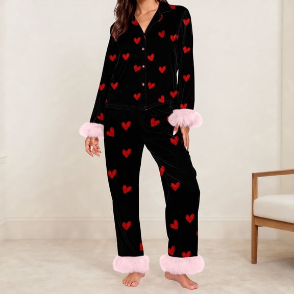 FUNUONY Women's Valentine's Day Feather Trim Pajamas Set,Long Sleeve Button Down Shirt and Pants 2 Piece Pj Set Trendy Sleepwear Outfits,Matching Lounge Pants Heart Pjs Satin Bow Print Pajama Set