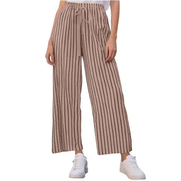 FUNUONY Women's Wide Leg Pants Flowy Pants for Women Casual Palazzo Trousers Loose Fit High Waisted Drawstring with Pocket New Large Sized Loose Striped Cotton and Linen Casual Trousers Khaki Xxl