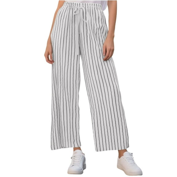 FUNUONY Women's Wide Leg Pants Flowy Pants for Women Casual Palazzo Trousers Loose Fit High Waisted Drawstring with Pocket New Large Sized Loose Striped Cotton and Linen Casual Trousers White M