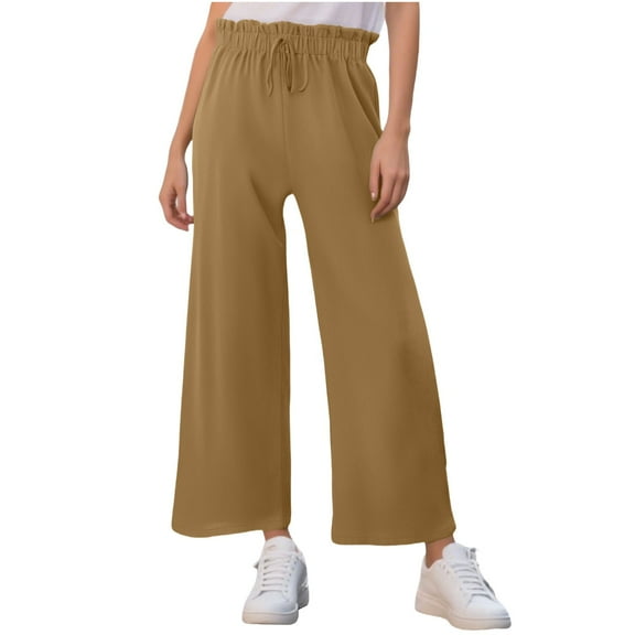 FUNUONY Women's Wide Leg Pants Flowy Pants for Women Casual Palazzo Trousers Loose Fit High Waisted Drawstring with Pocket Solid Color Black Ear Trimmed Wide Leg Pants Straight Leg Pants Khaki Xl