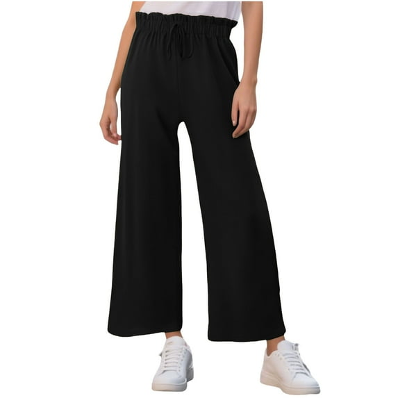 FUNUONY Women's Wide Leg Pants Flowy Pants for Women Casual Palazzo Trousers Loose Fit High Waisted Drawstring with Pocket Solid Color Black Ear Trimmed Wide Leg Pants Straight Leg Pants Black L