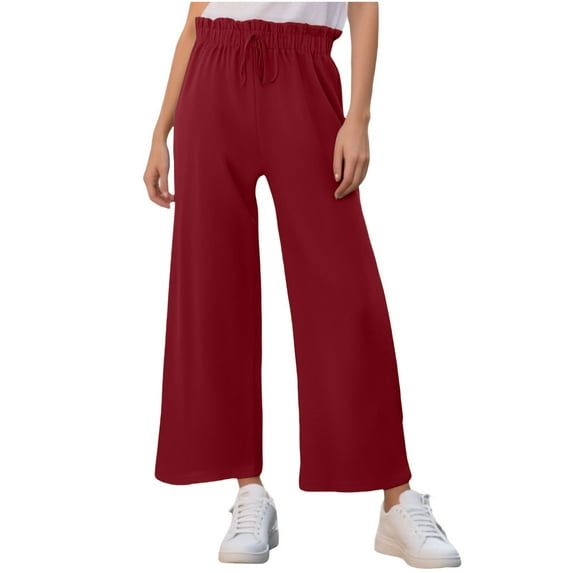 FUNUONY Women's Wide Leg Pants Flowy Pants for Women Casual Palazzo Trousers Loose Fit High Waisted Drawstring with Pocket Solid Color Black Ear Trimmed Wide Leg Pants Straight Leg Pants Wine M