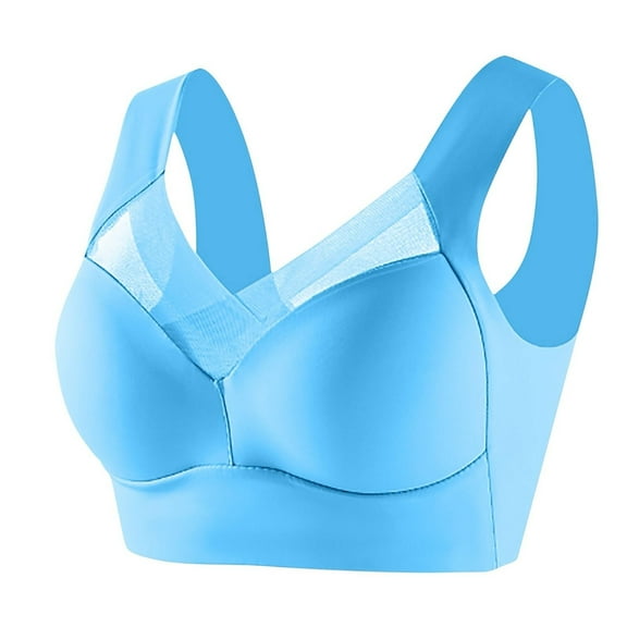 FUNUONY Women's Wireless Bras V Mesh Comfortable Bralette Supportive Tshirt Bra No Underwire Seamless Push Up Everyday Bras Correcting Bras Full Coverage Bralette Support Comfort Sky Blue 3Xl