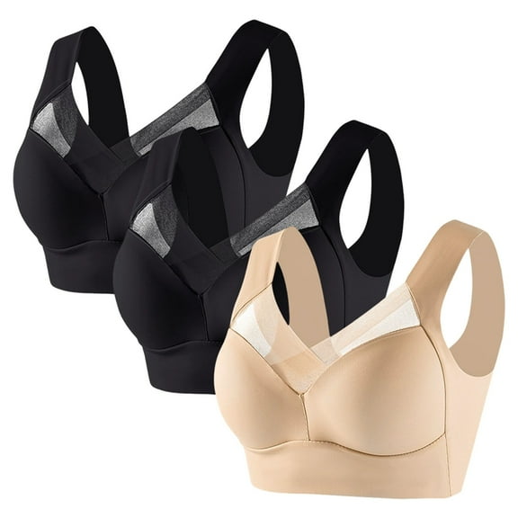 FUNUONY Women's Wireless Bras V Mesh Comfortable Bralette Supportive Tshirt Bra No Underwire Seamless Push Up Everyday Bras Lightweight Correcting Bra for Seniors Full Coverage Soft Bra Sky Blue Xxl