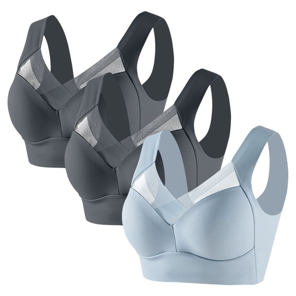 FUNUONY Women's Wireless Bras V Mesh Comfortable Bralette Supportive Tshirt Bra No Underwire Seamless Push Up Everyday Bras Lightweight Correcting Bra for Seniors Full Coverage Soft Bra Dark Grey L