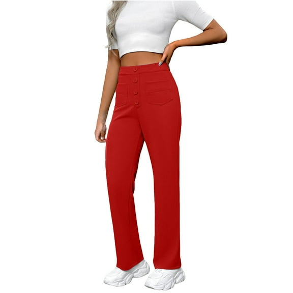 FUNUONY Womens Casual Work Pants High Waisted Straight Leg Pant Business Dressy Trousers Straight Leg Cargo Pants Women High Waist Wide Leg Pants Button Down Trousers with Pockets Red S