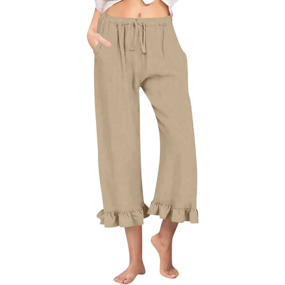 FUNUONY Womens Cropped Yoga Sweatpants Wide Leg High Waisted Lounge Pajamas Pants Comfy Workout Loose Pants with Pockets Linen Solid Color Casual Elastic Waistband Ruffled Seven Quarter Pants Khaki S