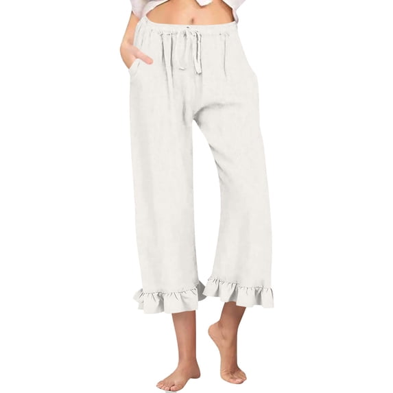 FUNUONY Womens Cropped Yoga Sweatpants Wide Leg High Waisted Lounge Pajamas Pants Comfy Workout Loose Pants with Pockets Linen Solid Color Casual Elastic Waistband Ruffled Seven Quarter Pants White S