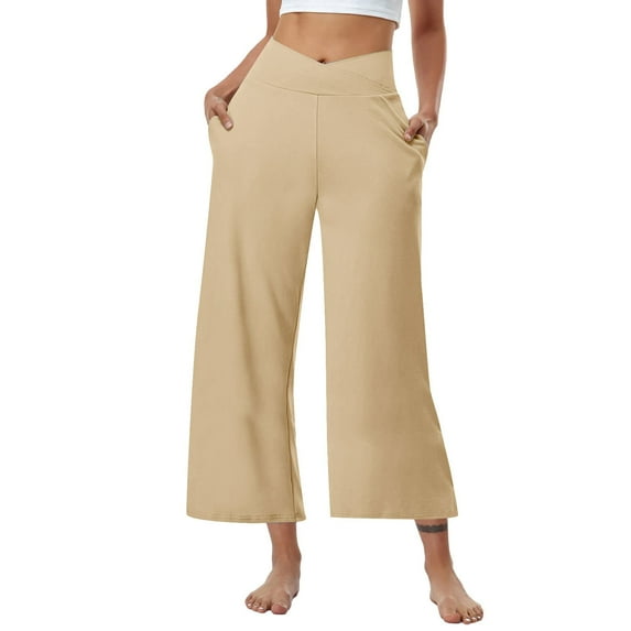 FUNUONY Womens Cropped Yoga Sweatpants Wide Leg High Waisted Lounge Pajamas Pants Comfy Workout Loose Pants with Pockets Solid Color Loose Sports Pants High Waist Pants Khaki M