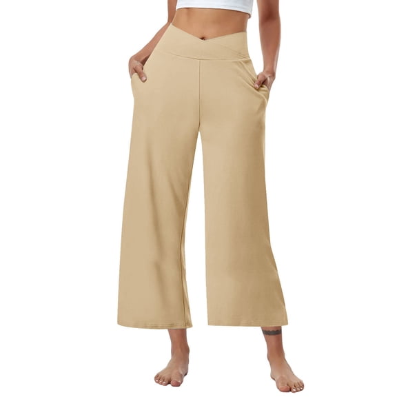 FUNUONY Womens Cropped Yoga Sweatpants Wide Leg High Waisted Lounge Pajamas Pants Comfy Workout Loose Pants with Pockets Solid Color Loose Sports Pants High Waist Pants Khaki Xxl