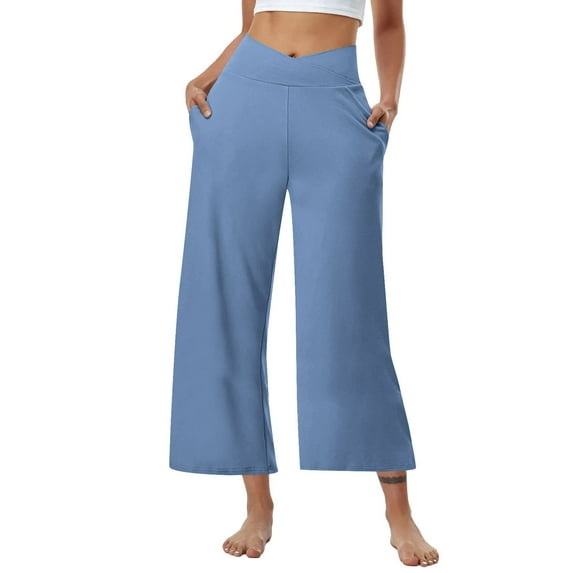 FUNUONY Womens Cropped Yoga Sweatpants Wide Leg High Waisted Lounge Pajamas Pants Comfy Workout Loose Pants with Pockets Solid Color Loose Sports Pants High Waist Pants Sky Blue M