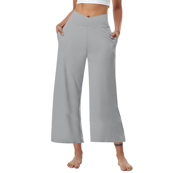 FUNUONY Womens Cropped Yoga Sweatpants Wide Leg High Waisted Lounge Pajamas Pants Comfy Workout Loose Pants with Pockets Solid Color Loose Sports Pants High Waist Pants Light Ashy Xxl