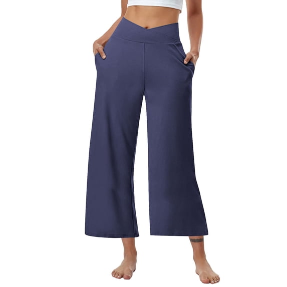 FUNUONY Womens Cropped Yoga Sweatpants Wide Leg High Waisted Lounge Pajamas Pants Comfy Workout Loose Pants with Pockets Solid Color Loose Sports Pants High Waist Pants Navy L
