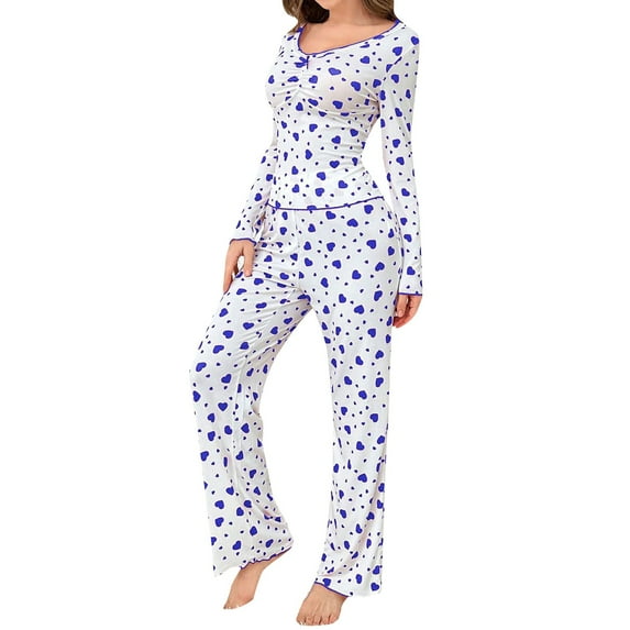 FUNUONY Womens Fall Pajama Sets 2 Piece Cute Graphic Pj Set Woman Long Sleeve Top and Pants Y2K Sleepwear Nightwear,Comfortable Soft Sleepwear Valentine's Day Pajamas for Women,2 Piece Lounge Sets