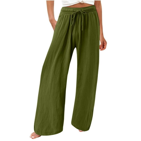 FUNUONY Womens Linen Pants Solid Color Slacks Drawstring Elastic Waist Trousers with Pockets Lounge Pants for Women Beach Pants for Womens Office Dress Work Slacks Business Casual Outfits JN 3XL
