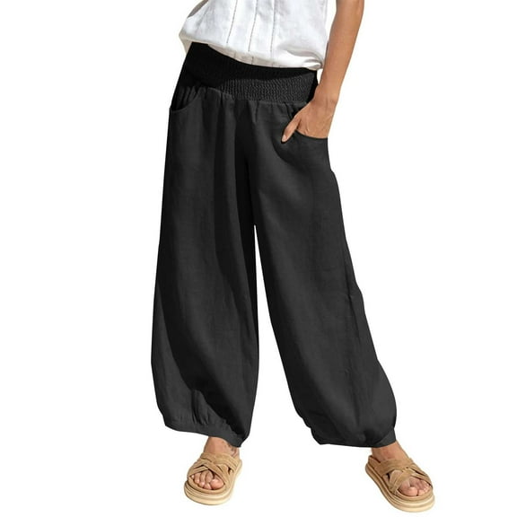 FUNUONY Womens Linen Wide Leg Pants Summer Beach Palazzo Harem Pants Casual Ankle Length Trouser Slacks With Pockets Linen Pants Women Linen Summer Pants Lightweight Fabric Pants for Women Casual Pan