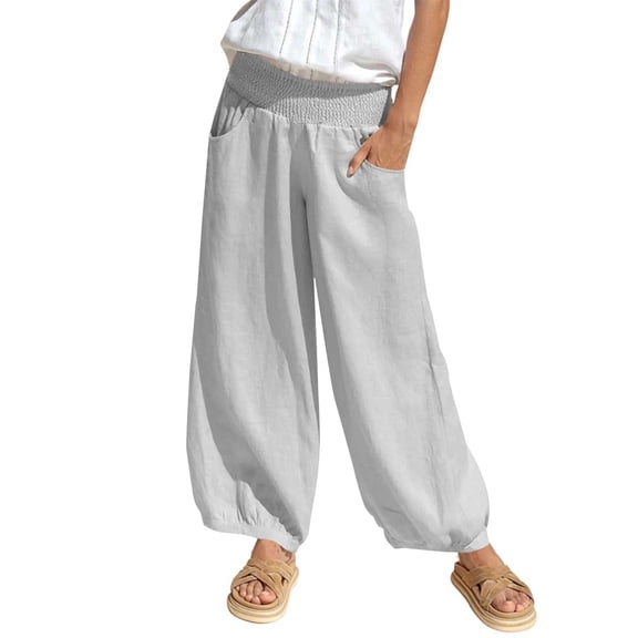 FUNUONY Womens Linen Wide Leg Pants Summer Beach Palazzo Harem Pants Casual Ankle Length Trouser Slacks With Pockets Linen Pants Women Linen Summer Pants Lightweight Fabric Pants for Women Casual Pan