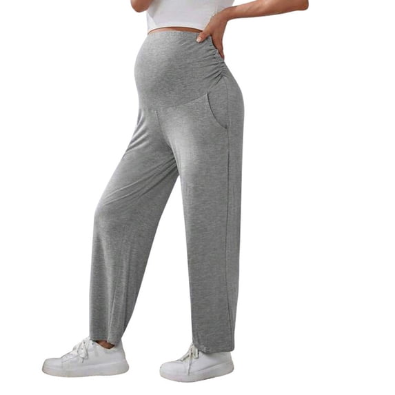 FUNUONY Womens Maternity High Waisted Lounge Pants Casual Stretchy Ribbed Palazzo Pants Pregnancy Trousers with Pockets Women's Maternity Pants for Work Capris Casual Comfort Ankle Pants Light Ashy S