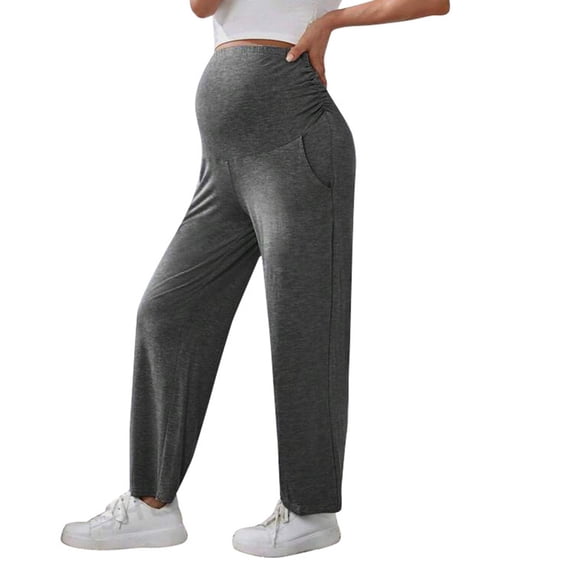 FUNUONY Womens Maternity High Waisted Lounge Pants Casual Stretchy Ribbed Palazzo Pants Pregnancy Trousers with Pockets Women's Maternity Pants for Work Capris Casual Comfort Ankle Pants Dark Grey Xl