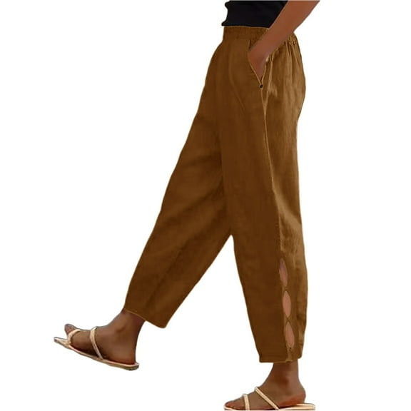 FUNUONY Womens Wide Leg Barrel Pants Elastic High Waisted Trousers Loose Casual Palazzo Pants with Pockets Cropped Relax Fit Trouser Ankle Pants Cotton Linen Solid Color Daily Pants Brown M