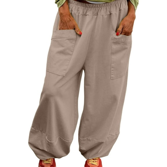 FUNUONY Womens Wide Leg Barrel Pants Elastic High Waisted Trousers Loose Casual Palazzo Pants with Pockets Cropped Relax Fit Trouser Ankle Pants Elastic Waisted Lightweight Harem Pants Coffee Xl