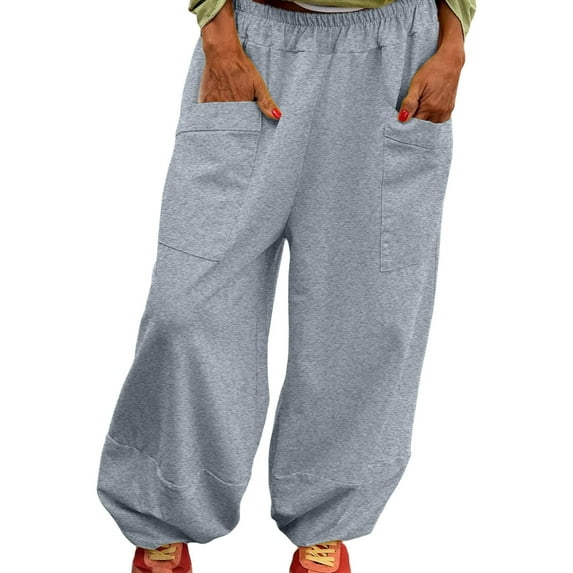 FUNUONY Womens Wide Leg Barrel Pants Elastic High Waisted Trousers Loose Casual Palazzo Pants with Pockets Cropped Relax Fit Trouser Ankle Pants Elastic Waisted Lightweight Harem Pants Light Ashy M