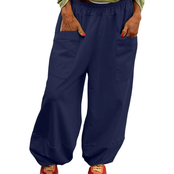 FUNUONY Womens Wide Leg Barrel Pants Elastic High Waisted Trousers Loose Casual Palazzo Pants with Pockets Cropped Relax Fit Trouser Ankle Pants Elastic Waisted Lightweight Harem Pants Navy M
