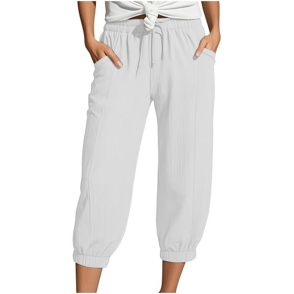 FUNUONY Womens Wide Leg Barrel Pants Elastic High Waisted Trousers Loose Casual Palazzo Pants with Pockets Cropped Relax Fit Trouser Ankle Pants Linen Loose High Waist Beach Haren Pants White Xxl