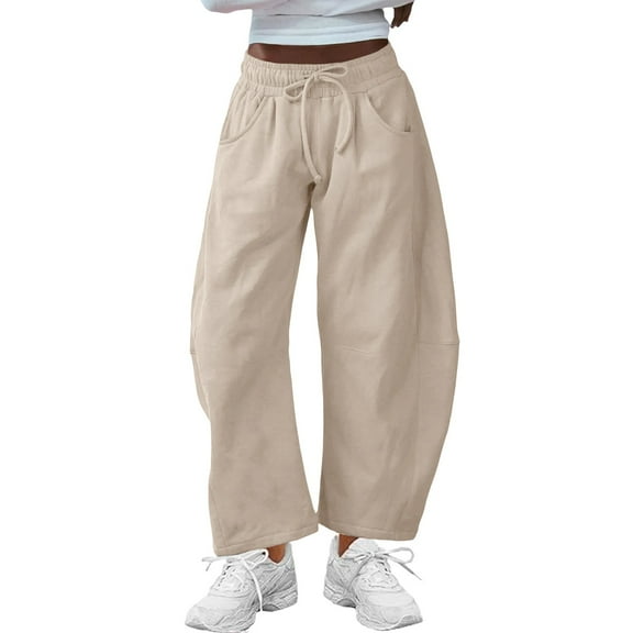 FUNUONY Womens Wide Leg Barrel Pants Elastic High Waisted Trousers Loose Casual Palazzo Pants with Pockets Cropped Relax Fit Trouser Ankle Pants Sports Pants Curved Wide Leg Pants Sweatpants Beige M