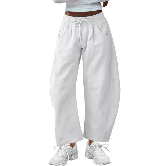 FUNUONY Womens Wide Leg Barrel Pants Elastic High Waisted Trousers Loose Casual Palazzo Pants with Pockets Cropped Relax Fit Trouser Ankle Pants Sports Pants Curved Wide Leg Pants Sweatpants White S
