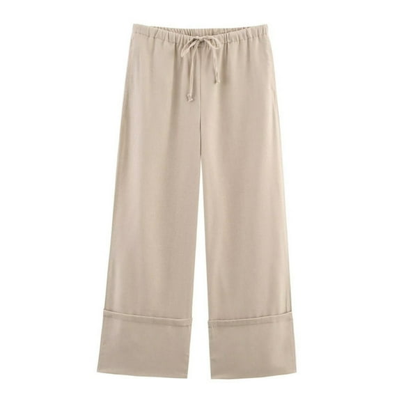 FUNUONY Womens Wide Leg Pants Casual Palazzo Flowy Pleated Trouser Woman Elastic High Waisted Loose Fit Lounge Pant Comfy 2025 Linen Pants Cotton Baggy Long Trousers with Pockets Khaki M