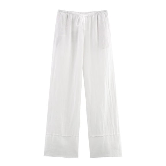 FUNUONY Womens Wide Leg Pants Casual Palazzo Flowy Pleated Trouser Woman Elastic High Waisted Loose Fit Lounge Pant Comfy 2025 Linen Pants Cotton Baggy Long Trousers with Pockets White Xs