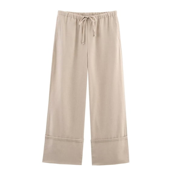 FUNUONY Womens Wide Leg Pants Casual Palazzo Flowy Pleated Trouser Woman Elastic High Waisted Loose Fit Lounge Pant Comfy 2025 Linen Pants Cotton Baggy Long Trousers with Pockets Khaki Xs