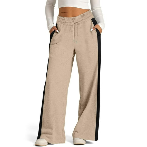 FUNUONY Womens Wide Leg Sweatpants High Waisted Baggy Pants Drawstring Athletic Joggers Wide Leg Sweatpants Women Baggy Elastic High Waisted Pants Loose Fit Pull On Track Flare Trouser Khaki M