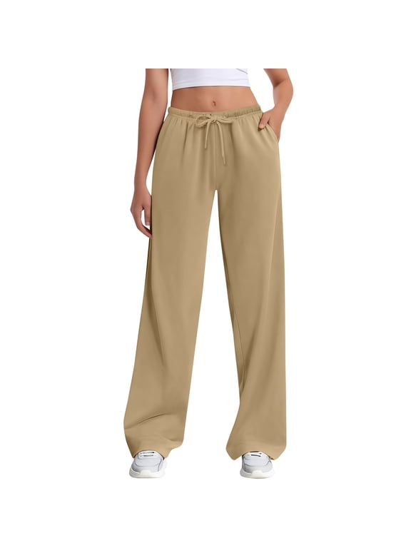 Womens Wide Leg Sweatpants High Waisted Baggy Pants Drawstring Athletic Joggers All Women Casual Linen Pants 30"/32"/34"/36" Inseam Waist Beach Summer Trousers with Pockets Beige L