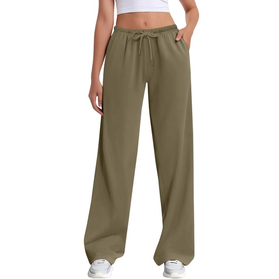 FUNUONY Womens Wide Leg Sweatpants High Waisted Baggy Pants Drawstring Athletic Joggers All Women Casual Linen Pants 30"/32"/34"/36" Inseam Waist Beach Summer Trousers with Pockets Khaki L