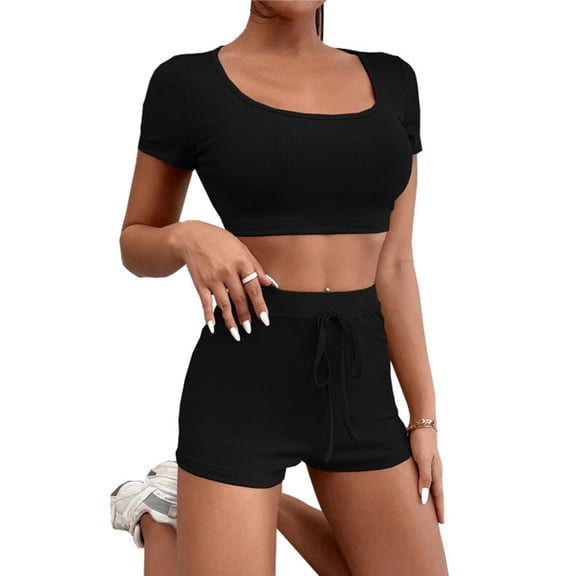 FUNUONY Womens Workout Sets 2 Piece - Seamless Yoga Outfits Shorts and Crop Top Matching Gym Athletic Clothing Set Two Piece Summer Outfits 2 Piece Sets Suspender Shorts Suit Yoga Sports Suit Black L