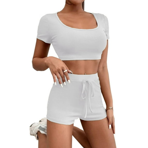 FUNUONY Womens Workout Sets 2 Piece - Seamless Yoga Outfits Shorts and Crop Top Matching Gym Athletic Clothing Set Two Piece Summer Outfits 2 Piece Sets Suspender Shorts Suit Yoga Sports White Xxl