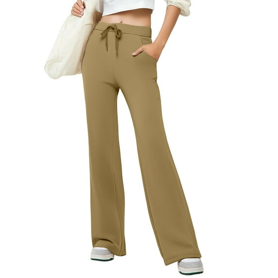 FUNUONY Yoga Flare Pants for Women High Waisted Yoga Casual Pants Workout Leggings Cargo with Pockets Bootcut Pants Women's Solid Color Button Pocket Wide Leg Yoga Pants Khaki S