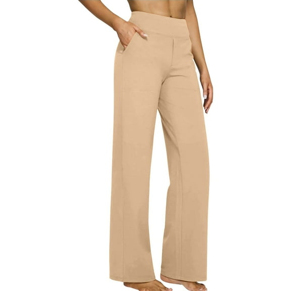 FUNUONY Yoga Pants Women Wide Leg Pants with Pockets High Waist Stretch Dress Casual Sweatpants Casual Straight Leg Loose Pocket Solid Color Yoga Daily Pants Beige S