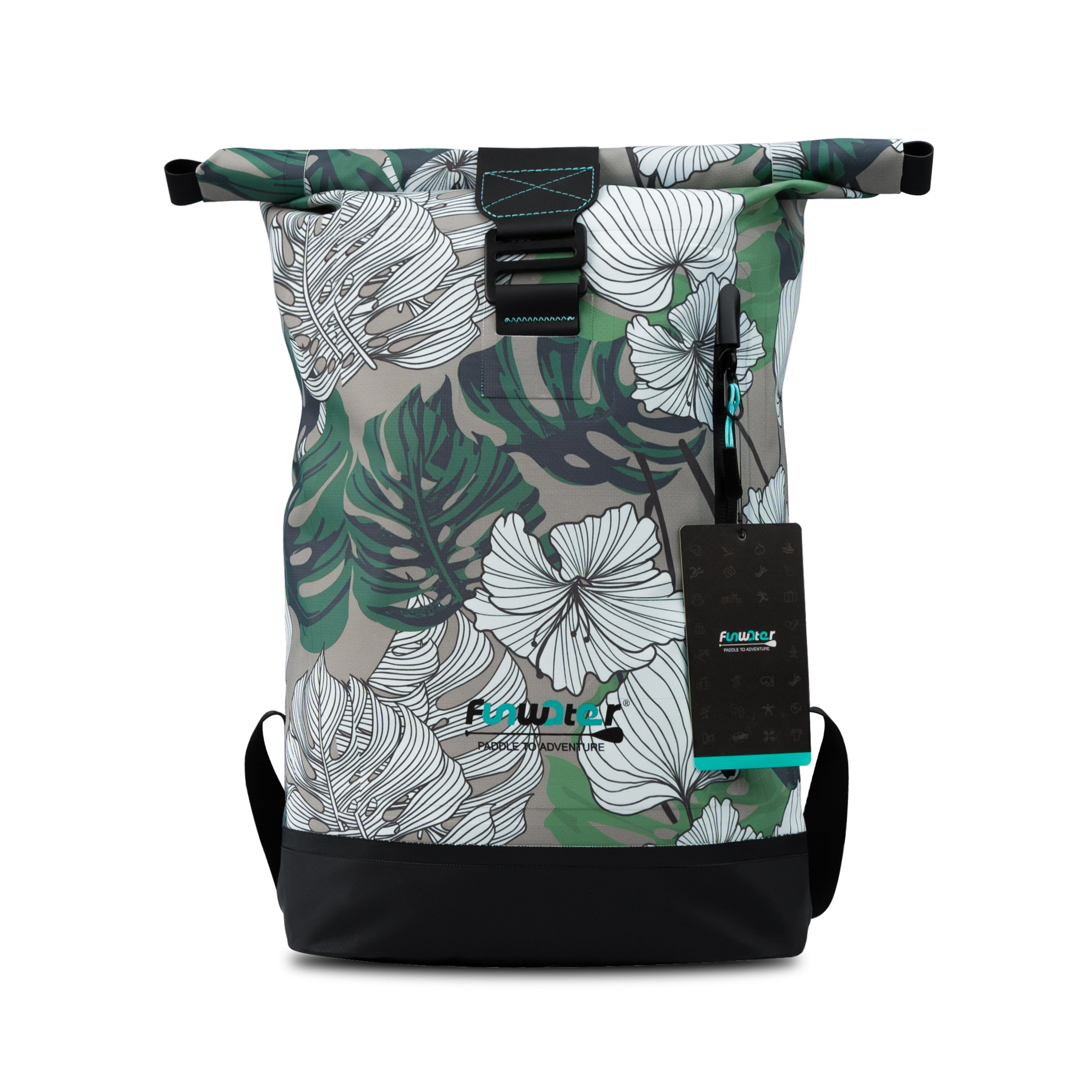 FUNWATER Backpack Waterproof Bag (Leaf Print), 13L Roll Top Green Grey White,Sports Dry Bag, Sealed Zipper Bag for Kayaking, Camping. Unisex
