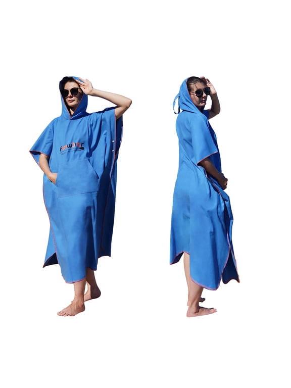 Ladies Blue Cape Surf Cape with Hood, Change Terry Bathrobe, Surf Cape, Hooded Wetsuit for Beach Swimming Bathroom Shower Surfing Outdoor Sports