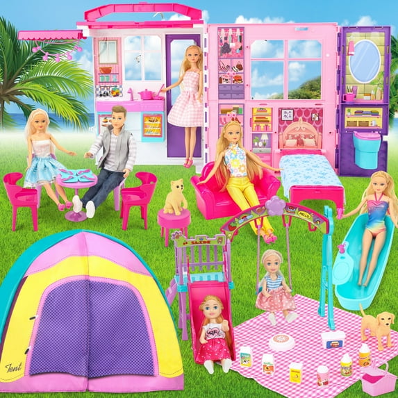 FUNWEE Doll House Playset with 60+ Accessories Including Transforming Furniture, Cutlery, Daily Necessities Slide, Pets, Bathtubs, Swings, Slides, Camping Tents and Other Camping Supplies