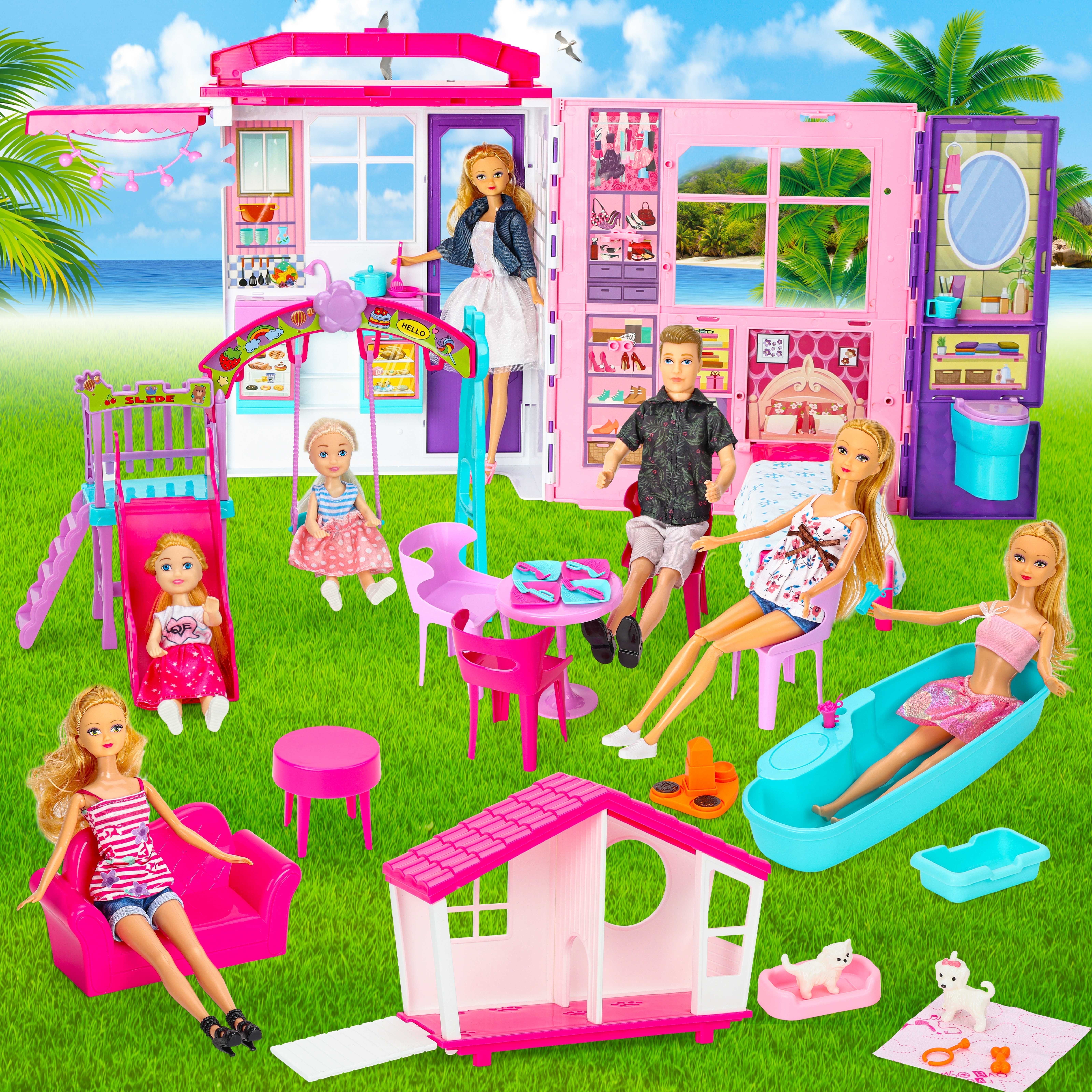 FUNWEE Doll House Playset with 60+ Accessories Including House Furniture, Pets, Bathtubs, Swings, Slides and other accessories